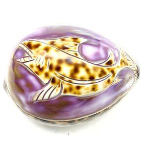 Cowrie Sea Shell Purple Top Hand Carved Engraved Swimming Shark Fish Beach Coast